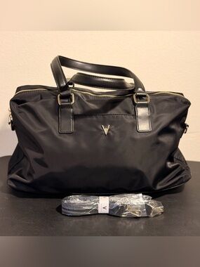 Vanessa Williams Black Nylon Flight Duffel with Gold-Tone V Logo